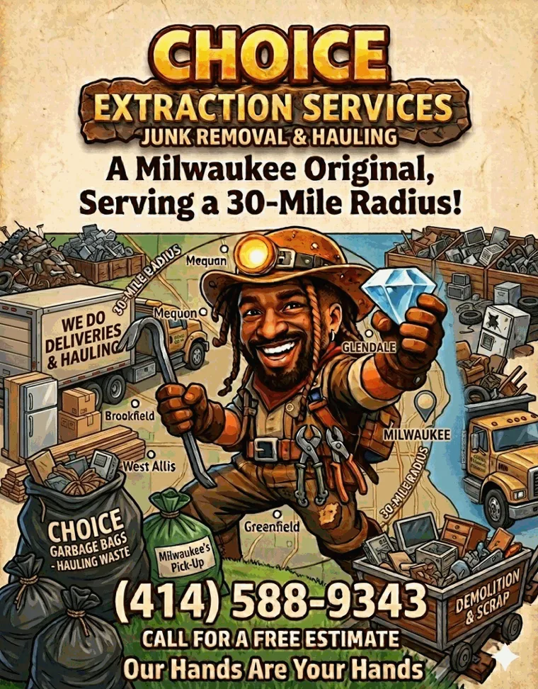 Choice Extraction Services handbill: the company prospector holding a pry bar and a diamond over a map of the Milwaukee area, marked with a 30-mile service radius, the tagline “Our Hands Are Your Hands” and the phone number (414) 588-9343.
